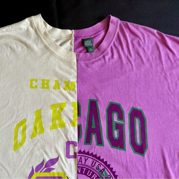 Oakland Chicago Split T Shirt Womens Medium Beige Purple Short Sleeve Baggy - Picture 2 of 6